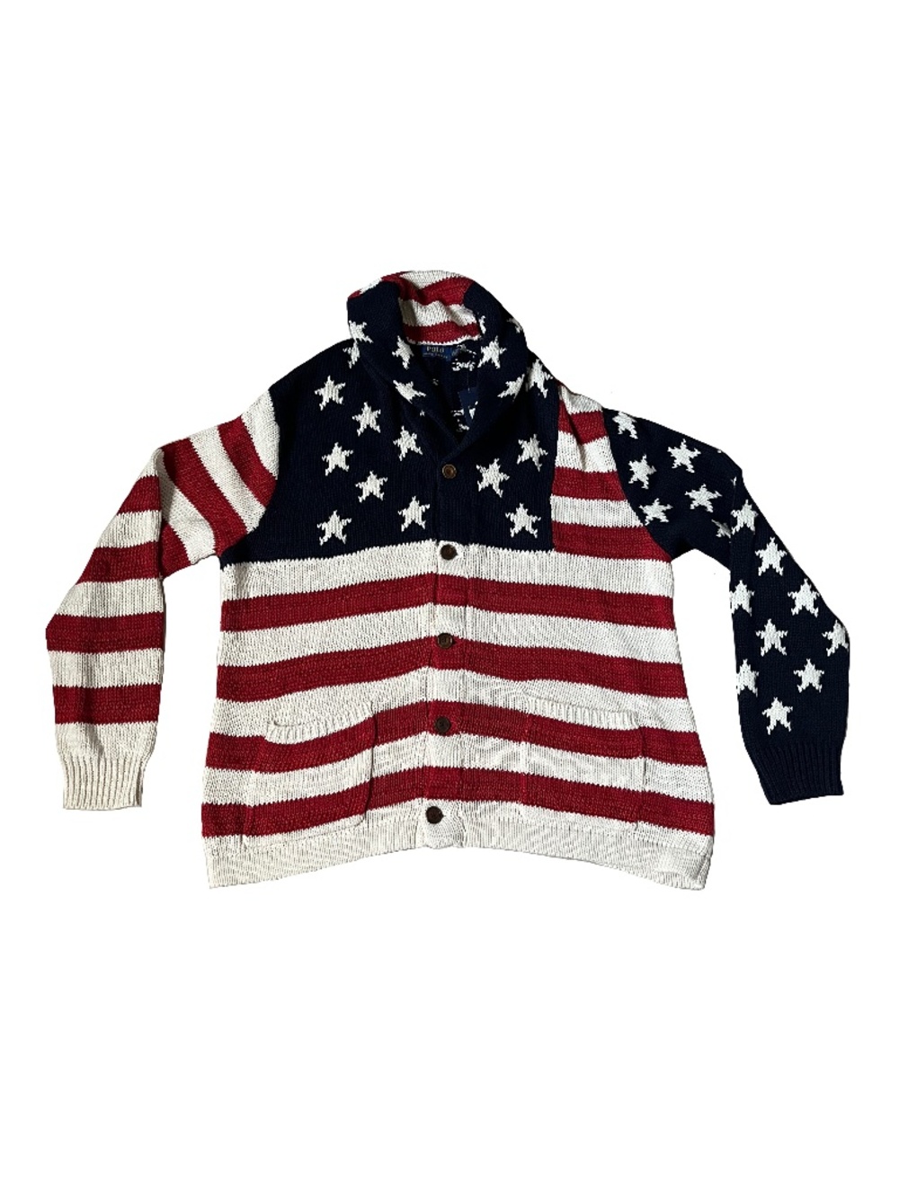 Polo Ralph Lauren Cardigan Sweater USA Flag Shawl Collar Button Pockets